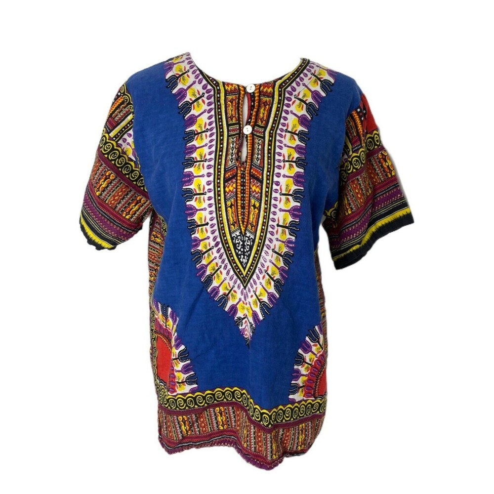 Jackpot Women’s Dashiki Shirt Multicolor Tribal Pattern Cotton Size Large